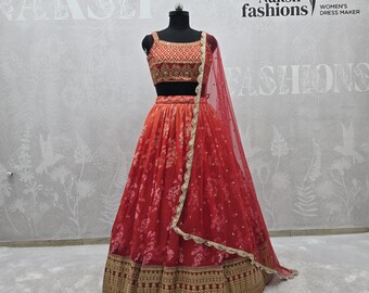 Orange Silk Lehenga Choli: Embroidered Mirrorwork Indian Wedding Outfit