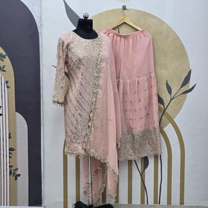Light Pink Kurta Palazzo Suit: Indian Embroidered 3-Piece Set