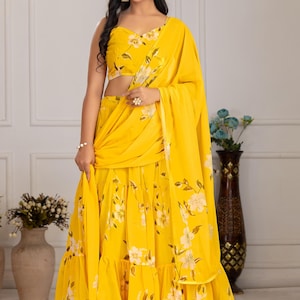 Printed Blue Georgette Lehenga Choli: Floral Work, Samosa Lace Dupatta Yellow
