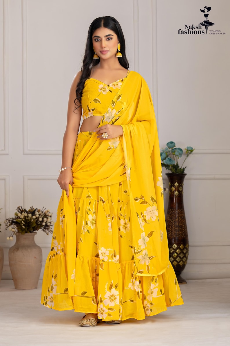 Printed Blue Georgette Lehenga Choli: Floral Work, Samosa Lace Dupatta Yellow