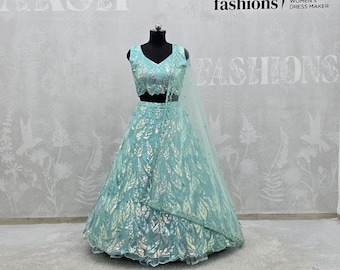 Light Blue Sequins Embroidered Lehenga Choli Set with Dupatta, Indian Wedding Outfit
