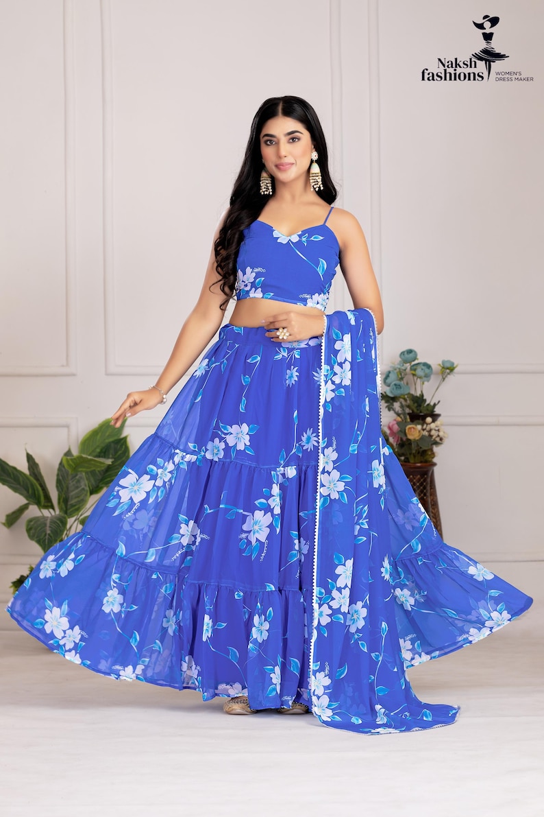 Printed Blue Georgette Lehenga Choli: Floral Work, Samosa Lace Dupatta Blue