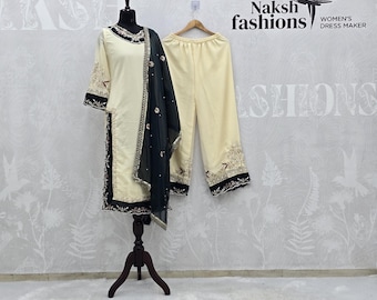 Traje pakistaní de georgette negro marfil, conjunto de boda bordado, vestido de Eid