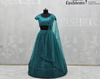 Teal Green Sequins Lehenga Choli with Dupatta, Indian Wedding Guest Outfit, Festive Bridal Wear