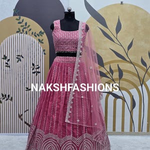 Pink Georgette Lehenga Choli: Heavy Embroidery Sequence Work, Soft Net Dupatta
