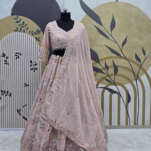 Peach Lehenga Choli: Faux Georgette Embroidery Sequence Wedding Dress