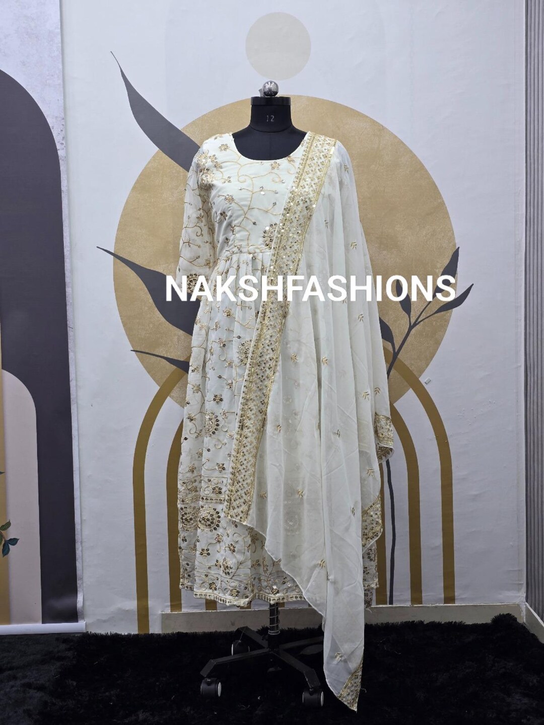 Elegant White Pure Georgette Drape Anarkali Dress - Rent