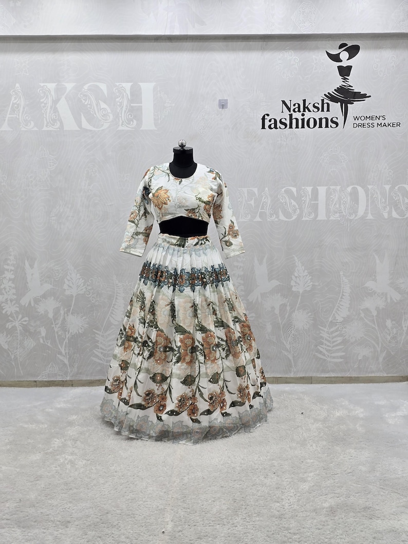 White Tabby Silk Lehenga with Embroidered Blouse, Weddings & Festivals, Elegant Gift for Bridesmaids image 2
