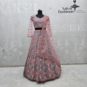 Grey Malburi Silk Lehenga Choli: Pink Embroidery & Sequins - Wedding Ethnic Wear