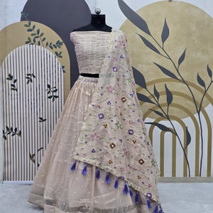 Off White Lehenga Choli: Sequins & Thread Embroidery, Indian Party Wear