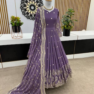 Party Wear Purple Georgette Gown With Embroidery Sequence Work And Dupatta For Women, Long Flared Dress, Designer Dress, Bridesmaid Outfit lilac