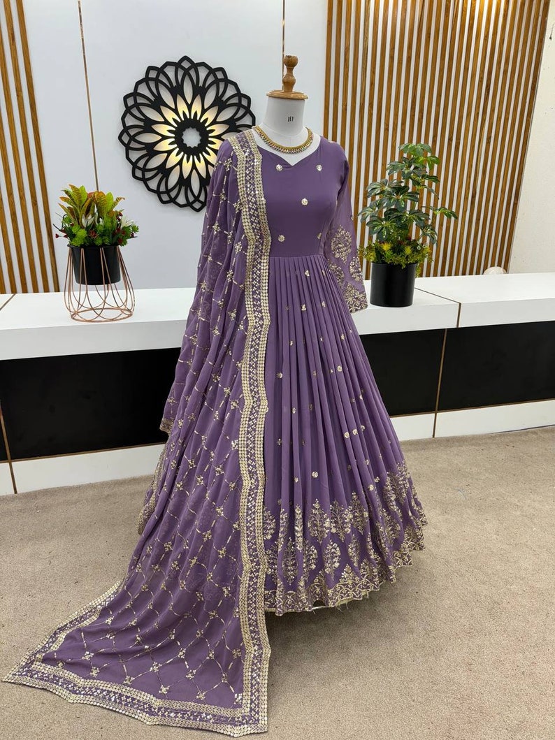 Party Wear Purple Georgette Gown With Embroidery Sequence Work And Dupatta For Women, Long Flared Dress, Designer Dress, Bridesmaid Outfit lilac