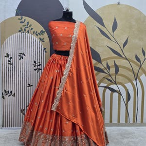 Orange Satin Silk Lehenga Choli: Embroidery Sequence Party Wear