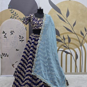Blue Chinnon Silk Lehenga Choli: Indian Wedding Bridesmaid Dress