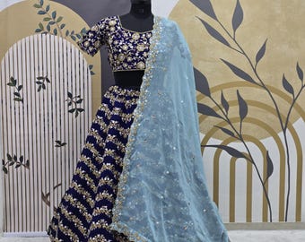 Navy Blue Chinnon Silk Lehenga Choli, Handcrafted Elegant Outfit for Weddings, Festivals