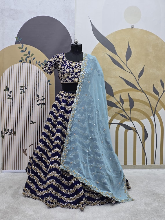 Navy Blue Chinnon Silk Lehenga Choli, Handcrafted Elegant Outfit for Weddings, Festivals