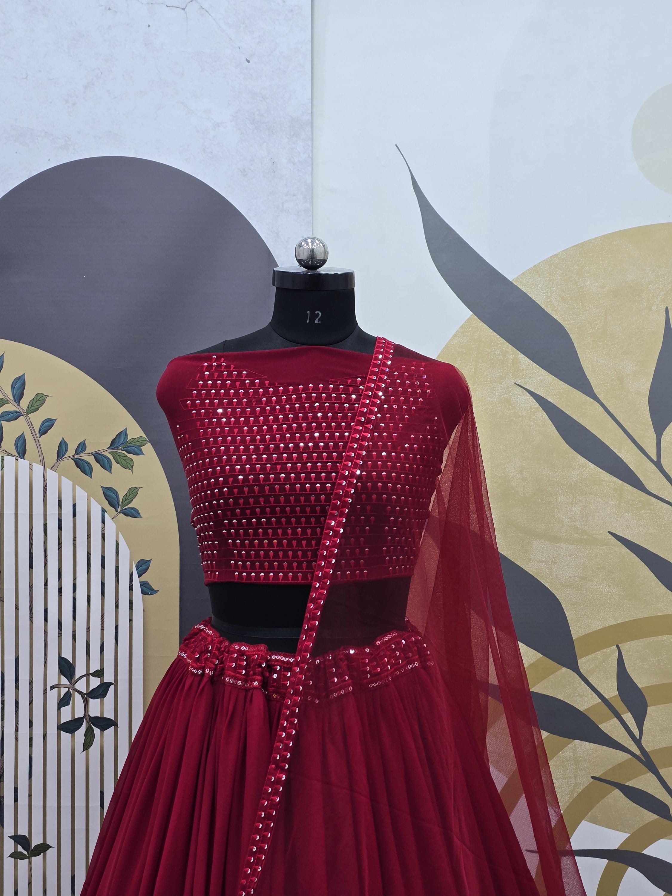 Red Georgette Lehenga Choli: Sequins Embroidery Ruffle Wedding