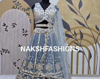 Sky Blue Net Lehenga Choli: Indian Wedding Zari Work