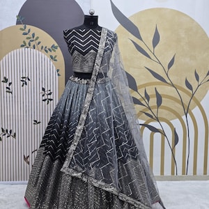 Black Chinnon Silk Lehenga Choli With Embroidery Sequence Work Blouse With Soft Net Border Dupatta For Women, Bridesmaid Lehenga