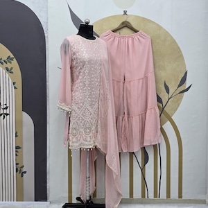 Light Pink Kurta Palazzo Set: Georgette Embroidery Party Suit