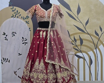 Lehenga Choli de seda satinada color granate: prenda bordada para bodas indias