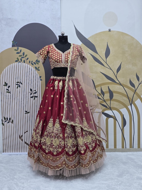 Indian Wear Maroon Satin Silk Lehenga Choli With Embroidery Sequence Work  With Soft Net Dupatta for Women , Party Wear Lehenga , Wedding - Etsy