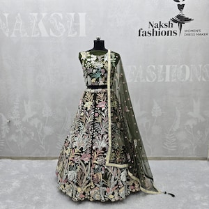 Grünes weiches Netz Lehenga Choli : Stickfolge Hochzeit Brautkleid