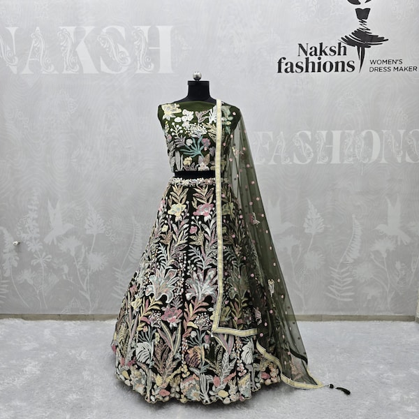 Green Soft Net Lehenga Choli: Embroidery Sequence Wedding Bridal Dress