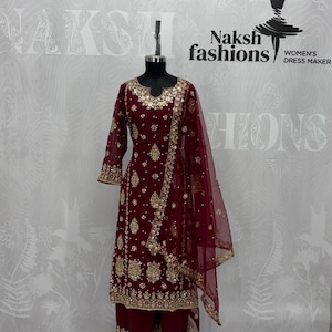 Maroon Georgette Embroidered Sequence Riveted Moti Palazzo Suit Set, Eid Outfit