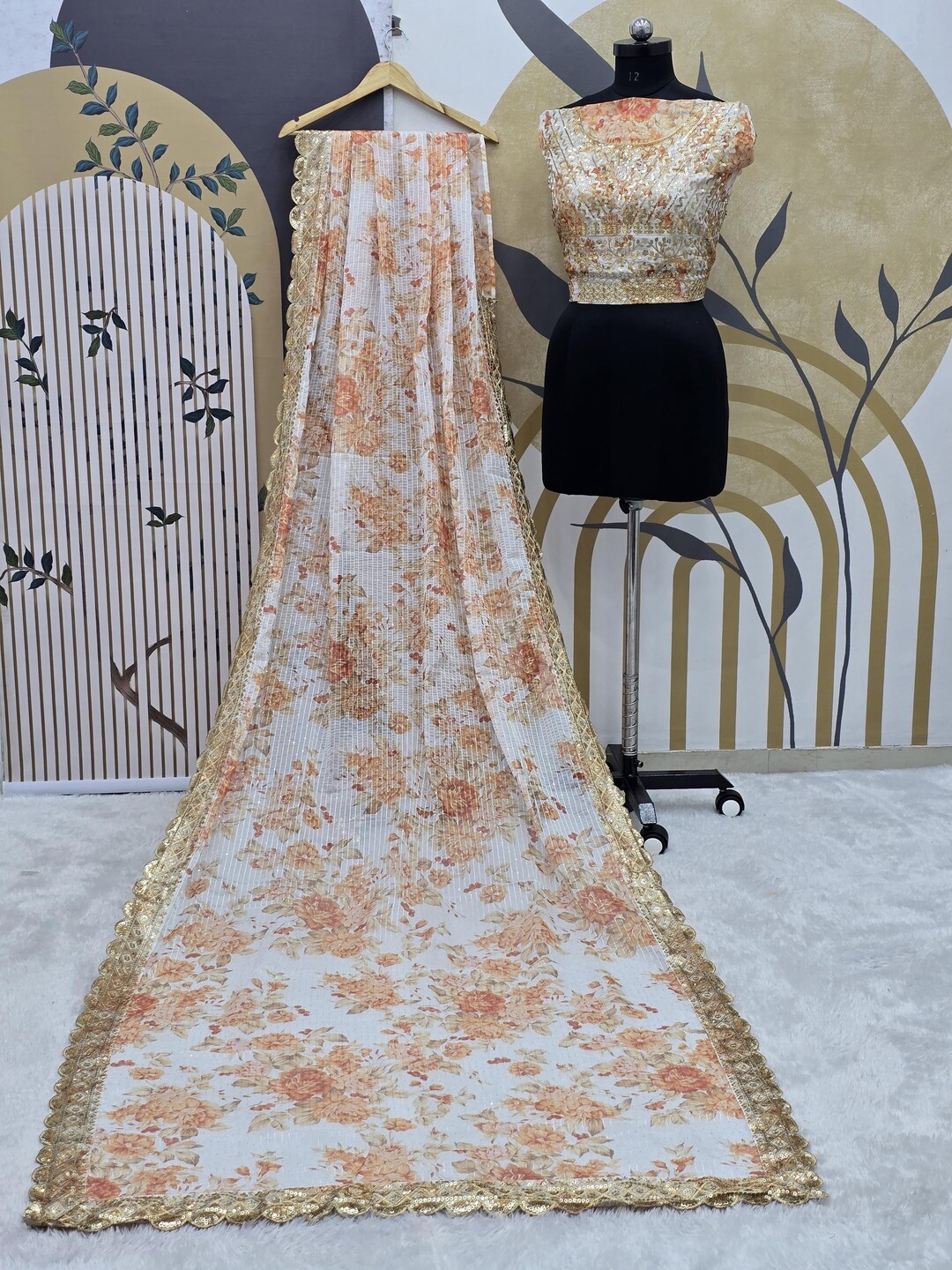White Organza Saree: Sequence Embroidery, Digital Print, Indian Wedding ...