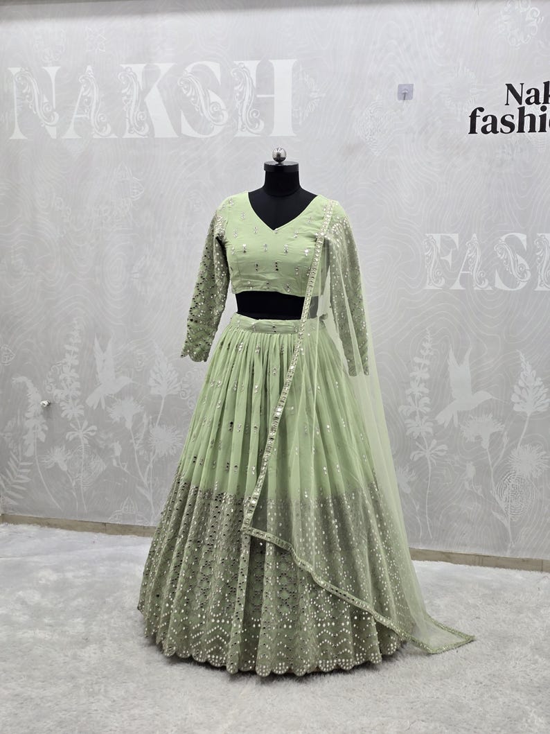 Lehenga Choli, Pista Green Georgette Bridal Outfit, Wedding Gift for Bridesmaid or Bride image 7