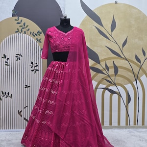 Pink Embroidered Georgette Lehenga Choli: Sequence Work, Georgette Dupatta