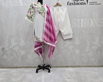 Conjunto de kurta palazzo de seda crepé blanca: Salwar kameez pakistaní bordado