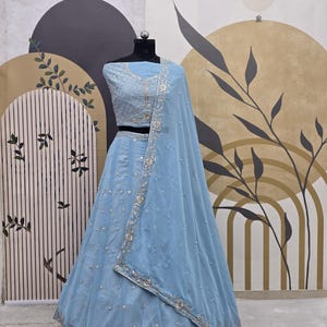 Sky Blue Georgette Lehenga Choli: Sequence & Rivet Moti Work