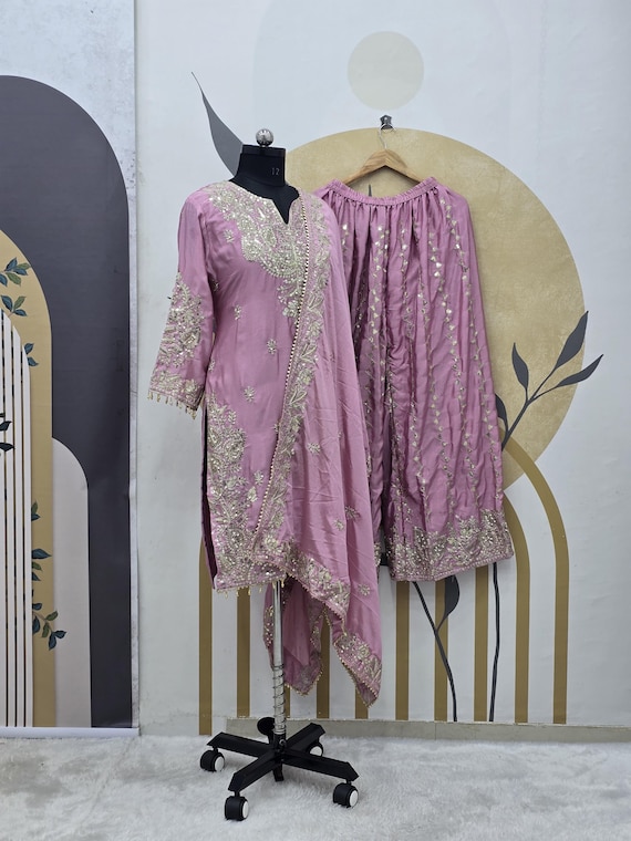 Pink Chinnon Silk Gharara Suit: Embroidered Wedding Sharara Dress