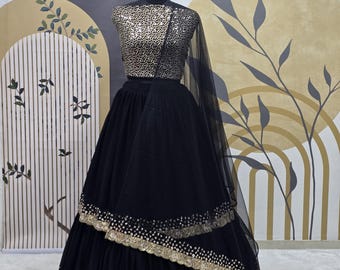 Black Georgette Lehenga Choli: Embroidery Sequence Work, Net Dupatta