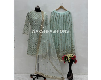 Mint Green Georgette Indian Suit With Georgette Dupatta And Embroidery Sequence Work Sharara For Women , Wedding Outfit , Ethnic Wear
