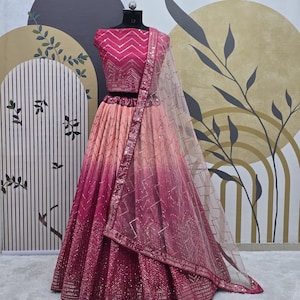 Pink Chinnon Lehenga Choli With Sequence Embroidery Work With Soft Net Dupatta For Women , Party Wear Wedding Bridesmaid Lehenga