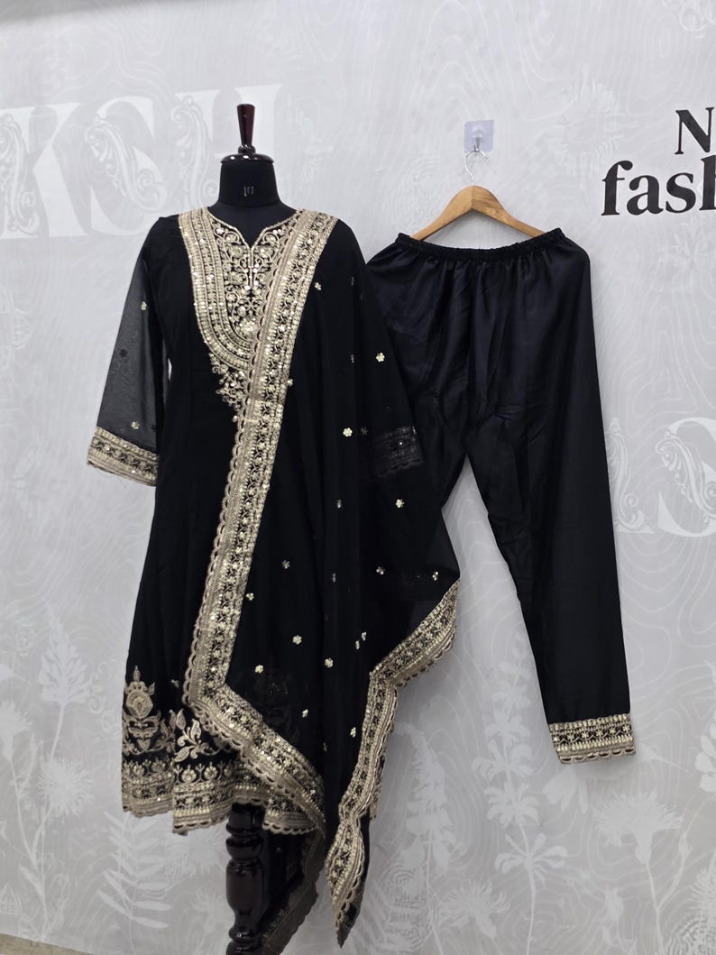 Designer Black & Gold Salwar Suit, Heavy Sequins Work Punjabi Suit, Ethnic Dress image 5