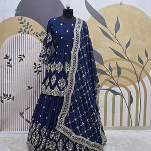 Blue Georgette Lehenga Choli: Embroidered Party Wear