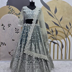 Grey Soft Net Lehenga Choli With Designer Dupatta And Embroidery Sequence Work Outfit For Women , Bridesmaids Lehenga Choli