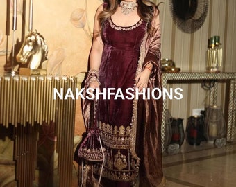 Indian Brown Viscose Velvet Salwar Kameez With Embroidery Sequence Work And Heavy Dupatta, Punjabi Suit, Ethnic Dress, Designer Dress