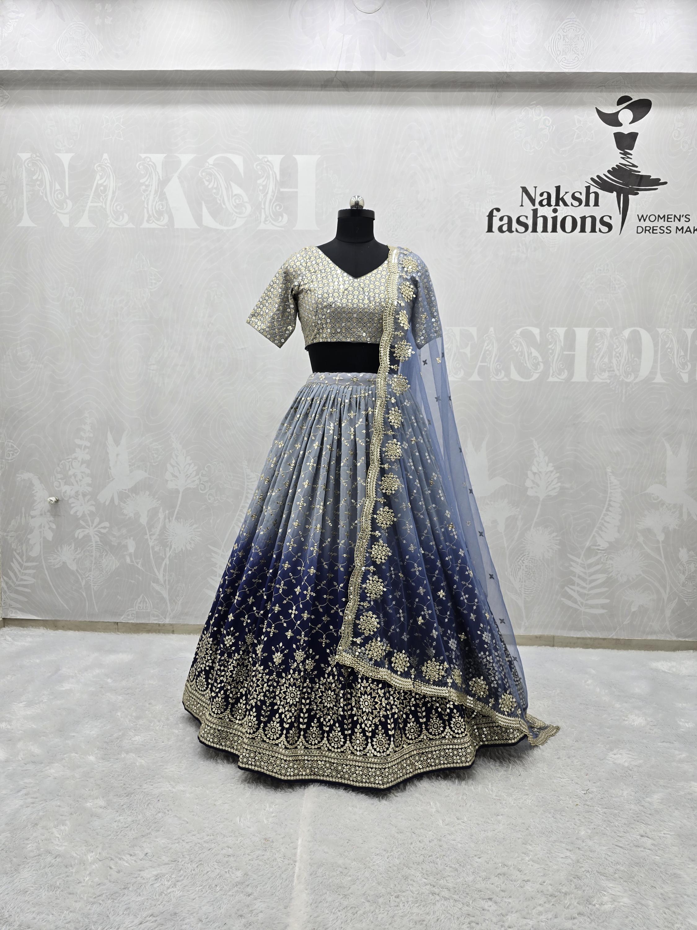 slim fit dress slacks Jennifer- Navy Blue Georgette Thread Embroidered Blazer Lehenga Set main image 1