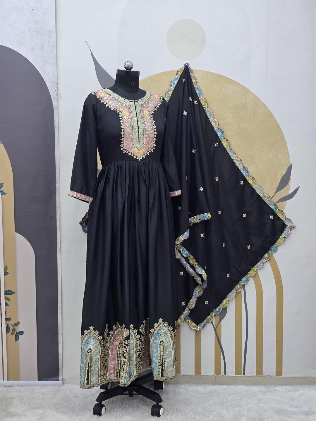 Wedding Wear Black Chinnon Silk Salwar Kameez With Embroidery