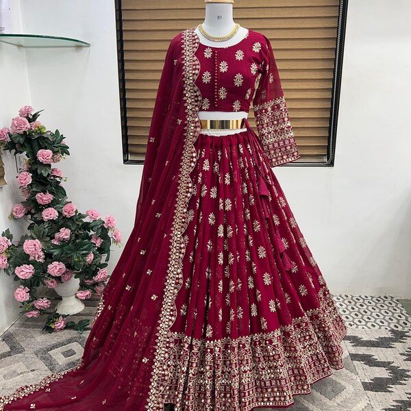 Designer Maroon Georgette Lehenga Choli With Embroidery Sequence Work And Dupatta For Women, Wedding Lehenga Choli, Ethnic Wear Lehenga