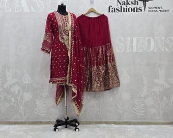 Red Georgette Sharara Suit: Indian Designer Party Wear with Embroidery