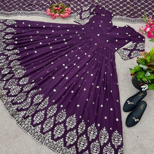 Party Wear Purple Georgette Gown With Embroidery Sequence Work And Dupatta For Women, Long Flared Dress, Designer Dress, Bridesmaid Outfit image 6