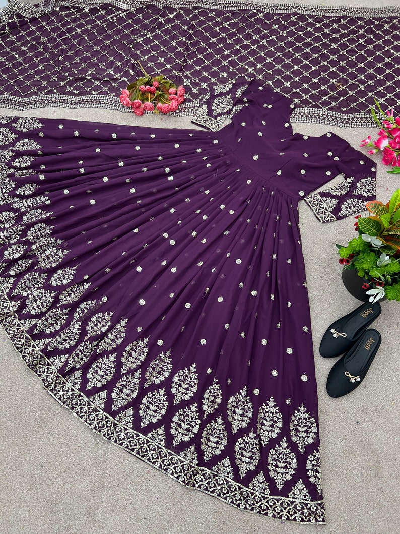 Party Wear Purple Georgette Gown With Embroidery Sequence Work And Dupatta For Women, Long Flared Dress, Designer Dress, Bridesmaid Outfit image 6