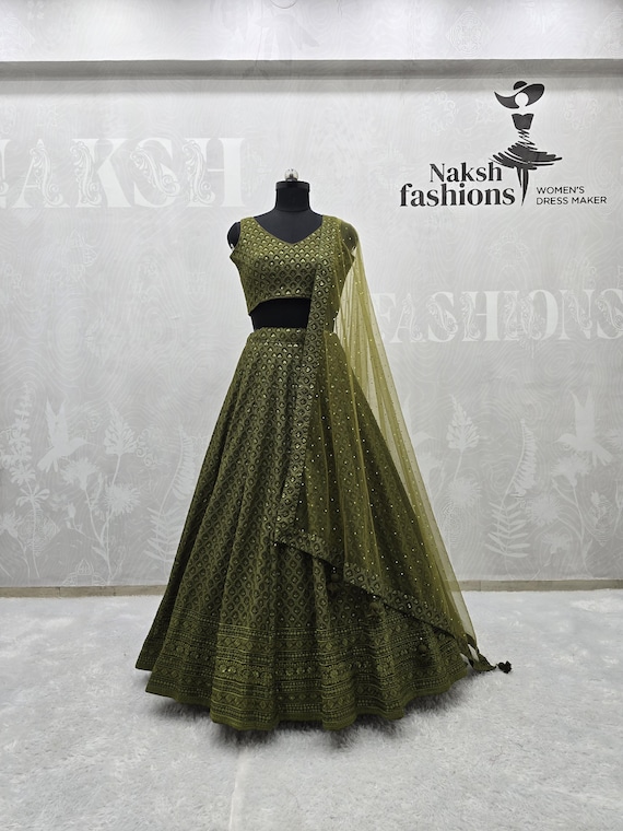 olive green indian dress Indian Party Wear Dress For Women, Olive Green Ethnic Motifs Embroidered Sleeveless Kurta With Trouser With Dupatta, Indian Wedding Dress