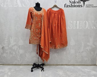 Orange Crepe Silk Kurta Sharara Palazzo Suit: Embroidered Ethnic Women's Set